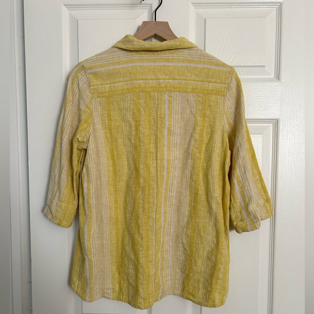 Soft Surroundings Livienne Linen Buttn down yellow striped blouse Medium Petite - Picture 3 of 10